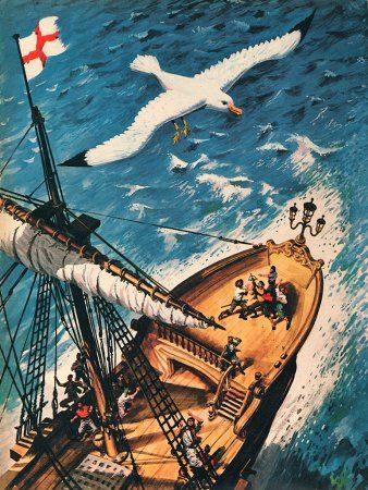  An illustrative painting depicting the stern of a large wooden sailing ship tossed violently on a dark blue, turbulent sea with whitecaps. Sailors in period clothing cling to the rigging and deck. A large white seagull with black wingtips flies directly overhead against the rough waves, seen from an aerial perspective.